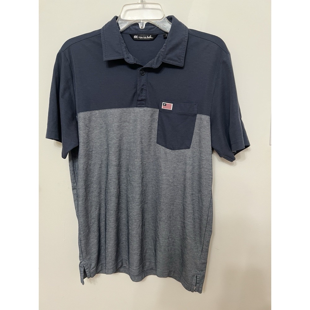 Travis Mathew Short Sleeve Golf Polo Shirt M American Flag Navy Blue Pima Cotton